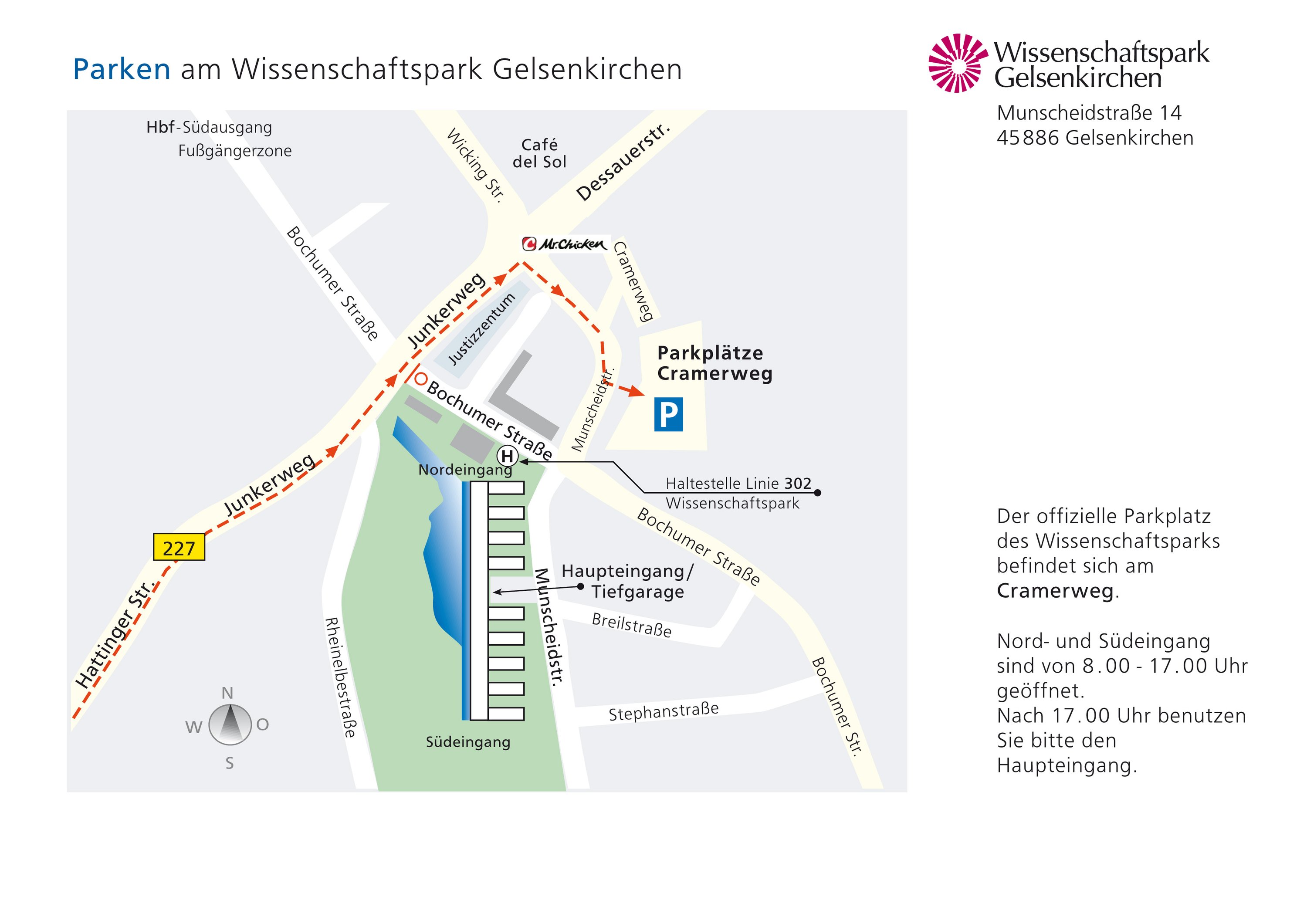 Anfahrtsskizze: Lageplan des Wissenschaftsparks mit verschiedenen Anfahrtswegen.